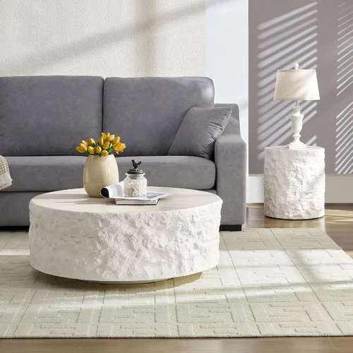 Vista 6 de WILLIAMSPACE Mesa auxiliar redonda de 15.75" con patrón de piedra de cemento para sala de estar, mesa auxiliar moderna circular de fibra de vidrio