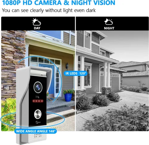 Vista 5 de TUYA - Timbre de video con cable y sistema de intercomunicación de apartamento con cámara HD de 1080P, 2 monitores de pantalla táctil de 10