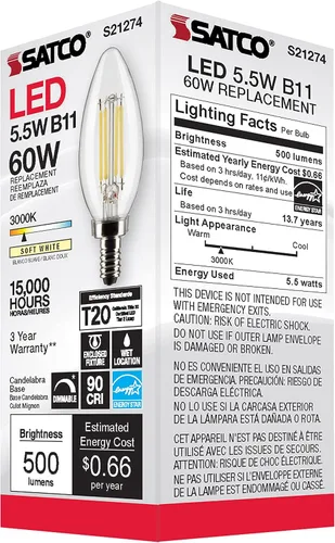 Vista 6 de Satco S21274 - Bombilla LED B11 transparente de 5.5 W, 3000 K, blanco cálido, paquete de 6
