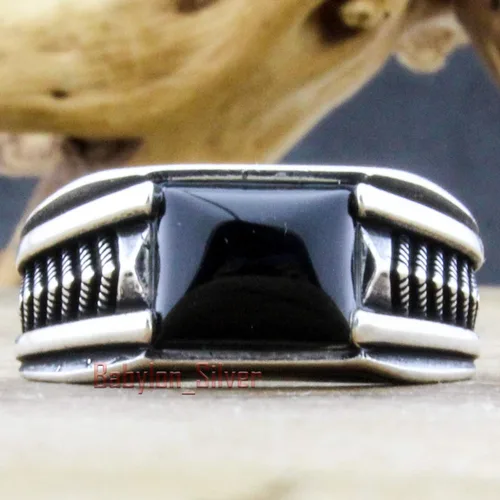 Vista 3 de Anillo de lujo de plata de ley 925 maciza auténtica, piedra de ónix negro