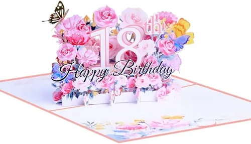 Vista 4 de Tarjeta desplegable de cumpleaños número 18, tarjeta de felicitación de flores 3D para mujer Tarjeta de cumpleaños número 18