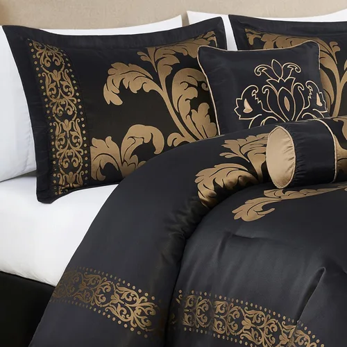 Vista 4 de Chezmoi Collection Juego de edredón floral de jacquard Royale de 7 piezas, matrimonial/doble, negro/dorado