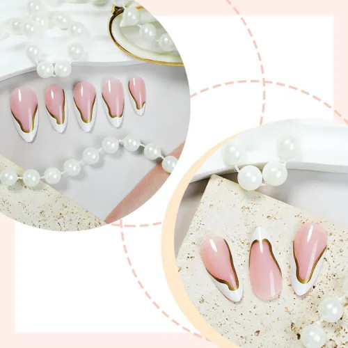 Vista 3 de NBNTGH Uñas postizas a presión de punta francesa blanca, uñas postizas de línea dorada, uñas postizas medianas con diseño de almendra, uñas postizas