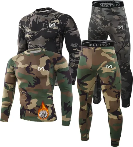 Vista 10 de MEETYOO Ropa interior térmica para hombre, capa base para hombre, 2 juegos de calzoncillos largos forrados con equipo de caza 2 camuflajes negros