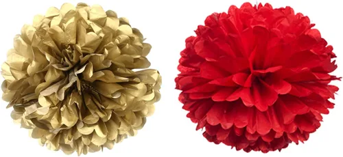 Vista 4 de Kit de pompones de papel tisú rojos y dorados de 14 pulgadas DIY, bola decorativa de flores de papel para Navidad, Nochevieja, fiesta, boda, baby