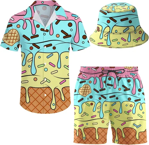 Vista 9 de Conjunto deportivo de 2 piezas para hombre, camisa hawaiana, pantalones cortos, camisa con botones y pantalones cortos con sombreros de pescador