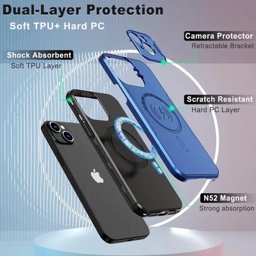 Vista 2 de Funda para iPhone 15 Plus compatible con MagSafe Charger plegable, soporte protector de cámara, superficie brillante brillante de doble capa