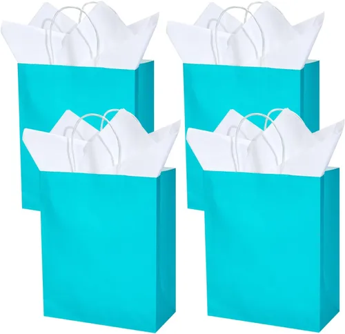 Vista 7 de DjinnGlory Paquete de 24 bolsas de regalo de papel azul turquesa de tamaño mediano con asas de 10 x 8 x 4 pulgadas y 24 papel de seda para Verde