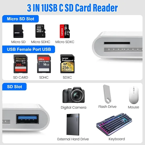 Vista 8 de Lector de tarjetas SD para iPhone iPad, adaptador de tarjeta SD de doble puerto Lightning USB-C integrado con SD MicroSD USB 3 ranuras para cámara