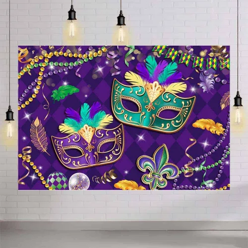 Vista 4 de MEHOFOND Telón de fondo de Mardi Gras de 7 x 5 pies, para baile de graduación, carnaval, fiesta, fotografía, fondo morado, verde, dorado, cuentas