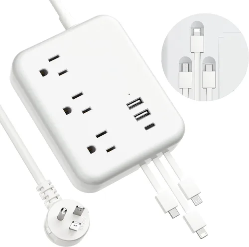 Vista 9 de Regleta de alimentación de viaje con 3 cables integrados, cable de extensión de enchufe plano con 3 tomas, 6 puertos USB, cable de extensión plano