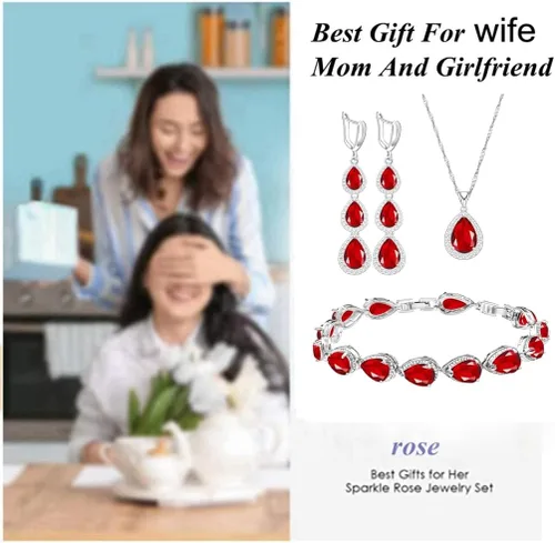 Vista 3 de LMXXVJ Juego de collar y aretes largos, chapados en oro blanco, juego de joyas de zafiro azul creado, joyería de regalo para boda, fiesta, joyería