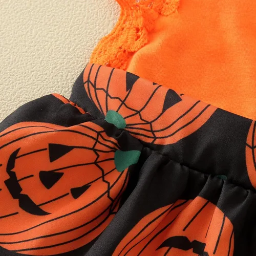 Vista 7 de Halloween Day Baby Girls Boys Cute Romper Dress 2pcs Lace Sleeveless V Neck Pumpkin Baby Dresses
