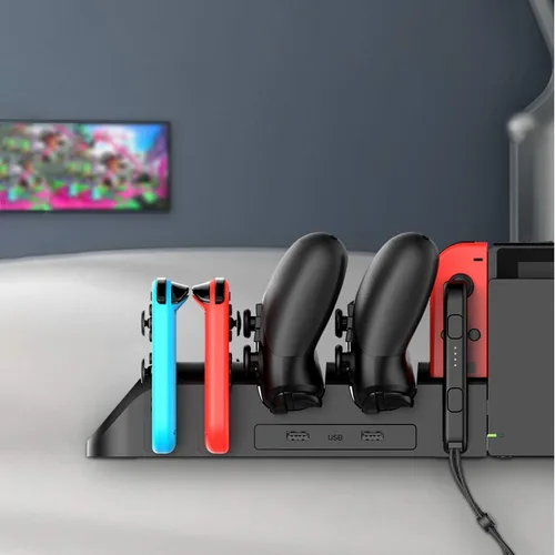 Vista 6 de Base de carga para controladores Nintendo Switch - Estación de carga rápida 6 en 1 para 4 Joy-Cons y 2 controladores Pro - Organizador compacto