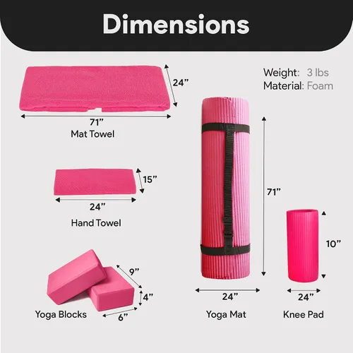 Vista 3 de BalanceFrom 7-Piece Yoga Set with 71x24x0.5 Inches Extra Thick Mat and Carrying Sling – Includes 2 Blocks, Stretch Strap, 2 Towels, and Knee Pad for