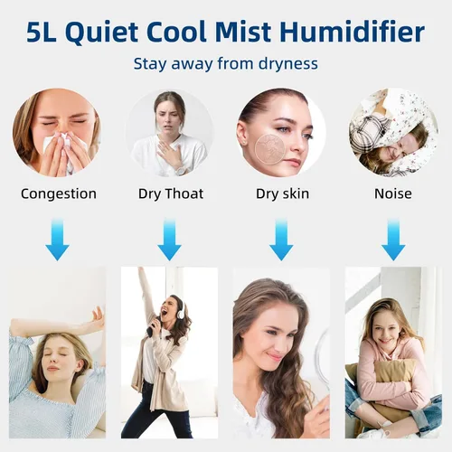 Vista 9 de FLYMOON Humidificador para dormitorio, humidificadores de niebla fría de 5 litros de llenado superior con 28 dB, humidificador inteligente para Negro