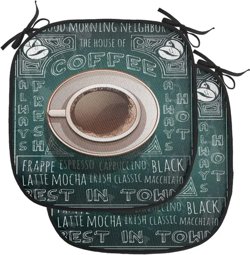 Vista 131 de Lunarable Cojín de asiento para silla de café, siluetas de taza de café expreso con frijoles fuente de cafeína, ilustración de bebidas gourmet