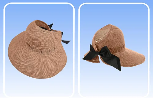 Vista 2 de Visera solar de paja para mujer, ala ancha, protección UPF 50+, sombrero de playa, ajustable, plegable, gorra de cola de caballo con correa