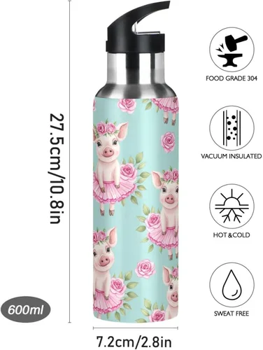 Vista 9 de Cute Watercolor Pigs Flower Crowns Insulated Stainless Steel Water Bottle with Straw 20 Oz Leakproof Water Bottles, BPA-Free Sports Water Bottle