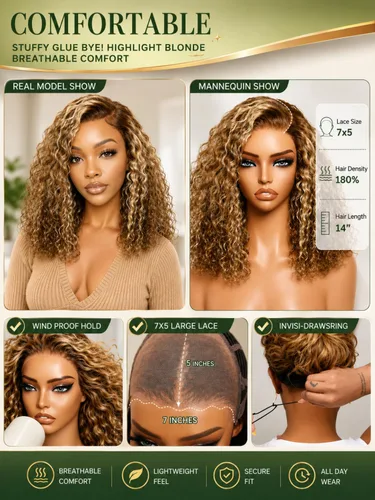 Vista 5 de KLAIYI Bye Bye Slip™ Ombre Highlights Rubio Bob Onda de Agua Rizado Precortado 7x5 Encaje Frontal Pelucas Cabello Humano Parte Lateral Cordón