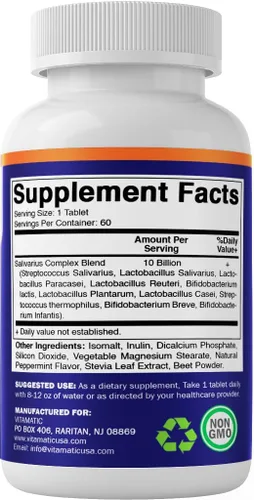 Vista 7 de Vitamatic Salivarius Complex 10 mil millones de tabletas masticables con sabor a menta – 60 unidades – Probióticos masticables de salud oral +