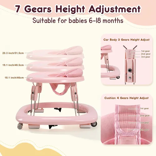 Vista 5 de Andador de bebé con ruedas, andador plegable de un solo toque y ajuste de Color rosa.