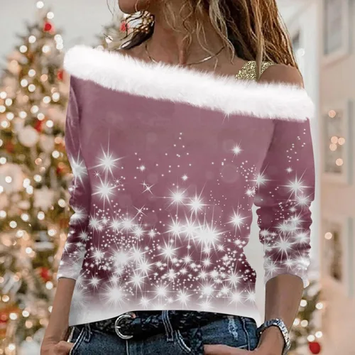 Vista 4 de GIANTHONG Sudadera de Navidad para mujer, estilo casual, cuello de piel, ropa de invierno, camisas de manga larga, blusas tipo túnica
