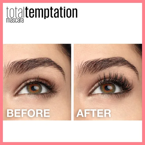 Vista 2 de Máscara de pestañas lavable de Maybelline Total Temptation. Negro más negro. 0.27 oz oz., lavable