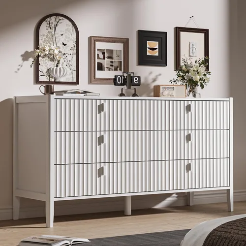 Vista 12 de Cómoda negra de 6 cajones para dormitorio, cómoda de madera moderna, cómoda doble de diseño acanalado con patas de madera, mueble de almacenamiento