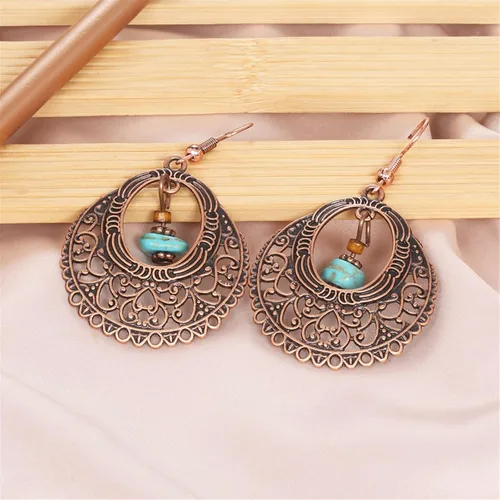 Vista 5 de Aretes bohemios hechos a mano para mujer, únicos, retro, bohemios, antiguos, étnicos, con cuentas de cobre, ligeros, huecos, colgantes, colgantes