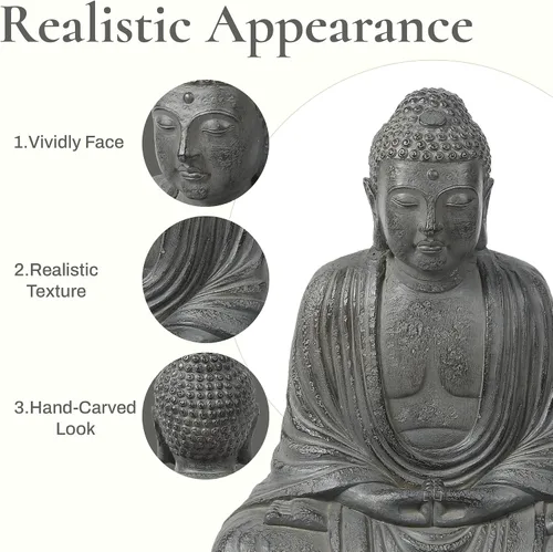 Vista 5 de LuxenHome - Estatua de Buda para exteriores e interiores, estatuas de jardín de Buda meditadoras de piedra de fibra de 17 pulgadas, esculturas zen