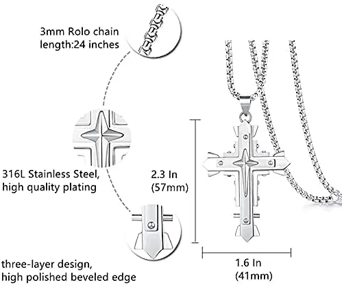 Vista 3 de GOVENUS Collar grande con colgante de cruz de Jesucristo de acero inoxidable, joyería religiosa para hombre, en cadena rolobizantina, plataoronegro