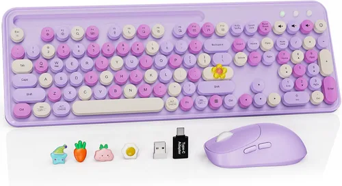 Vista 22 de Combo de teclado y mouse inalámbricos, teclado retro con teclas redondas, teclado estilo máquina de escribir de tamaño completo con reposamuñecas