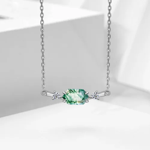Vista 5 de WES Pendant Necklace 925 Sterling Silver Moss Agate Pendant Necklace for Women,Green Hexagon Prong Gemstone Necklace for Women
