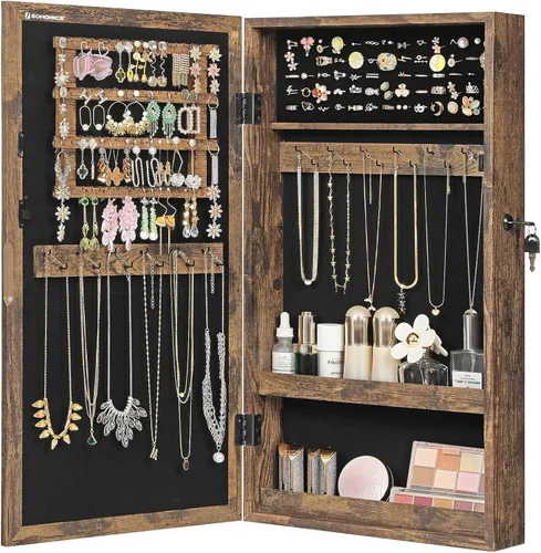 Vista 3 de SONGMICS Armario de joyería con cerradura con espejo, organizador de almacenamiento de joyas para ahorrar espacio montado en la pared, color marrón