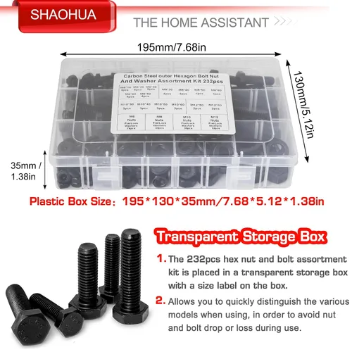 Vista 6 de Kit de surtido de pernos y tuercas métricas M6 M8 M10 M12 de 16 mm a 60 mm de grado 8 con tuercas hexagonales, pernos y arandelas de 15 tamaños