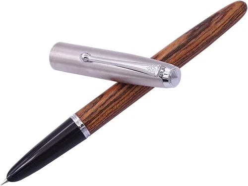 Vista 5 de Pluma estilográfica retro Jinhao de madera Tiger-Texture-Wood de acero inoxidable tapón extra fino 0.015 in suave tinta bolígrafo