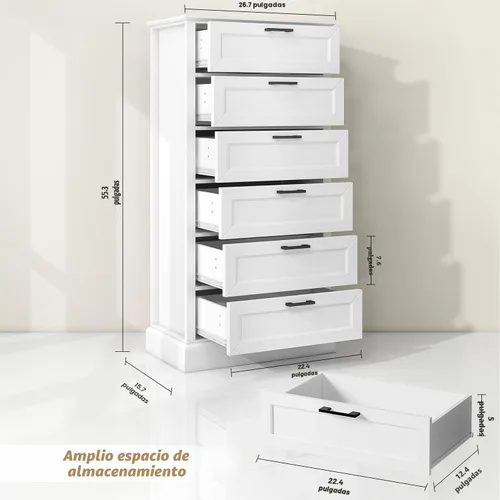 Vista 2 de biukpci Cómoda alta blanca de 6 cajones, cómoda vertical de madera para dormitorio, 140 cm de alto, cómodas modernas de lencería para armario, sala