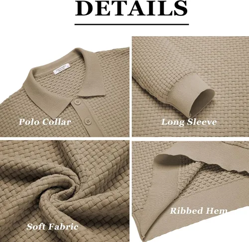 Vista 6 de COOFANDY Polo de punto para hombre, de manga larga, ligero, a la moda, informal, con cuello
