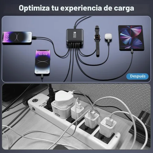 Vista 4 de Bloque de cargador rápido USB C, adaptador de concentrador de estación de carga de 120 W, 6 puertos, cargador múltiple de pared USB C con Negro