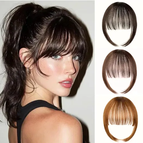 Vista 12 de VAVANGA Flequillo francés con clip - Flequillo natural largo y ondulado en negro jet con templos - Pinza de cabello ordenada para mujer (#1)