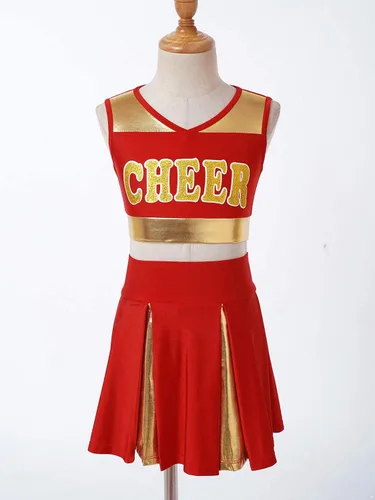 Vista 3 de FEESHOW Disfraz de líder de animadora para niñas, uniforme de animadora, camiseta sin mangas con falda plisada