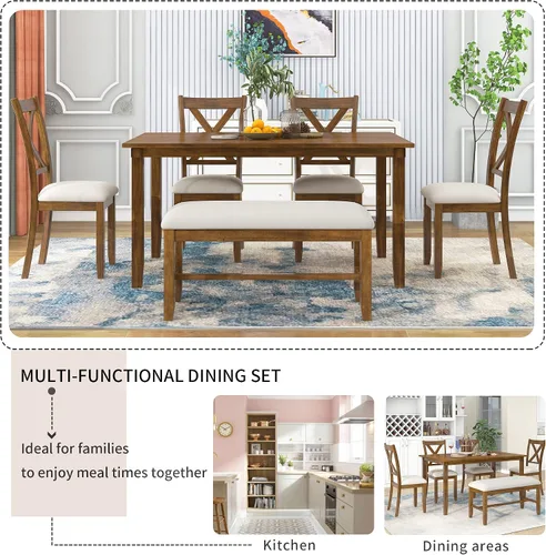 Vista 6 de Harper & Bright Designs Juego de mesa de comedor de 6 piezas, juego de mesa de comedor con mesa de comedor rectangular de madera, 4 sillas