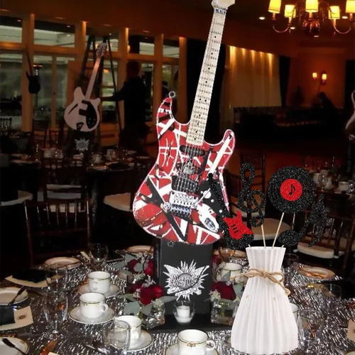 Vista 9 de Centro de mesa de notas musicales para decoración de fiesta de cumpleaños musical de rock, 12 piezas de decoración de mesa de guitarra de rock
