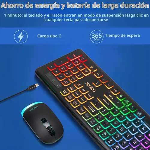 Vista 4 de Teclado y mouse inalámbricos, teclado y mouse recargables con luz LED