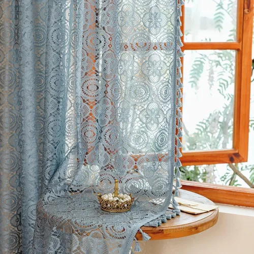 Vista 11 de YJ YANJUN - Cortinas de café boho, 24 pulgadas de largo, 2 paneles, cada una de 59" de ancho x 24" de largo, beige, con crochet, cortinas de cocina