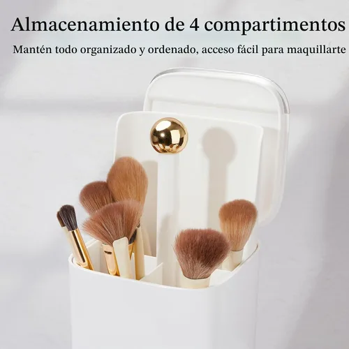 Vista 3 de Soporte de cepillo de maquillaje de elevación automática con tapa a prueba de polvo organizadores cosméticos para tocador-blanco