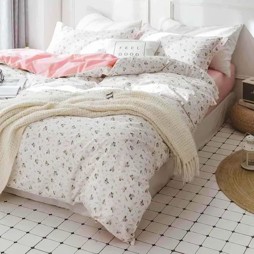 Vista 4 de Faincy Juego de edredón floral de tamaño individual, diseño de hojas de flores rosas y blancas, juego de cama alternativo reversible preppy, edredón