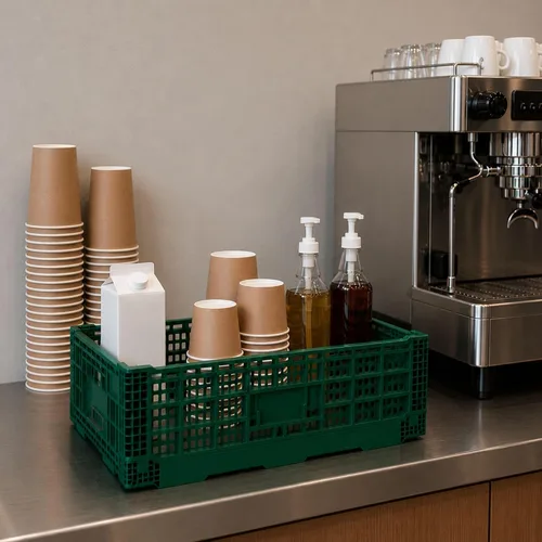 Vista 4 de Restaurantware Cater Tek - Caja plegable de 36 litros, 1 caja de almacenamiento apilable, con asas de diseño de malla, caja plegable de plástico