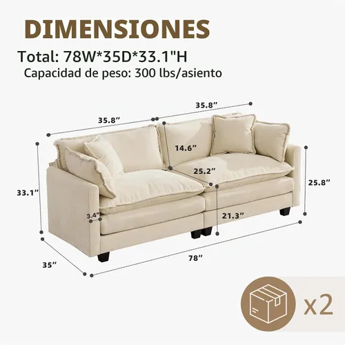 Vista 2 de Sofá seccional modular convertible de 76.7", sofás de dos plazas de chenilla con asiento profundo y cojines tipo loveseat para sala de estar Beige